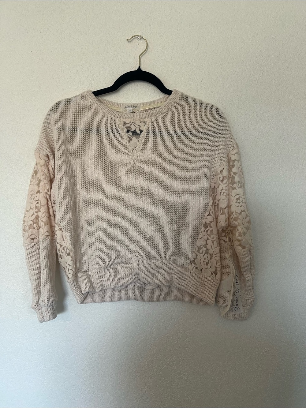 Taylor & Sage Cream Lace-Panel Crewneck Sweater